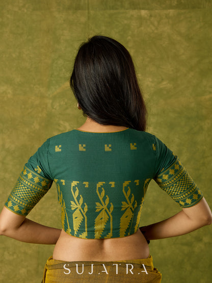 Festive green Jamdani cotton blouse with elegant woven detailing