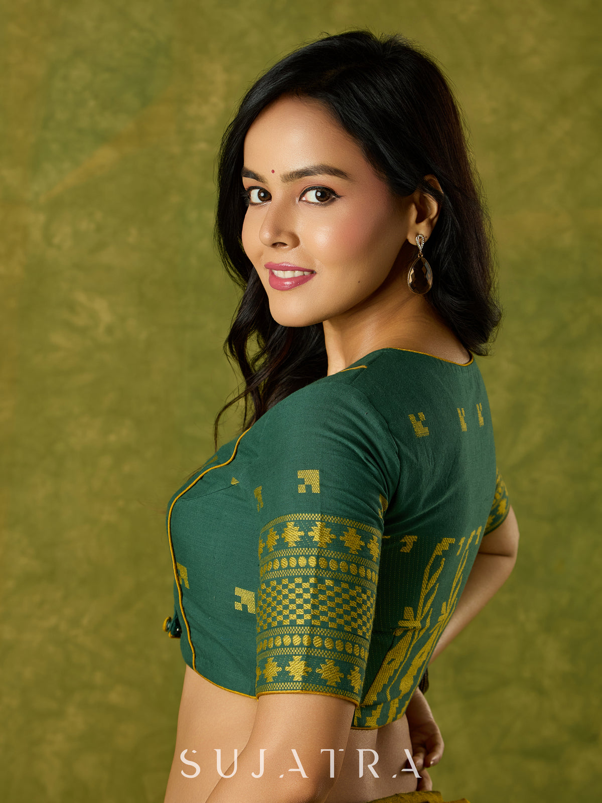 Dussehra Sale — Festive green Jamdani cotton blouse with elegant woven detailing
