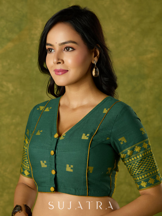 Festive green Jamdani cotton blouse with elegant woven detailing