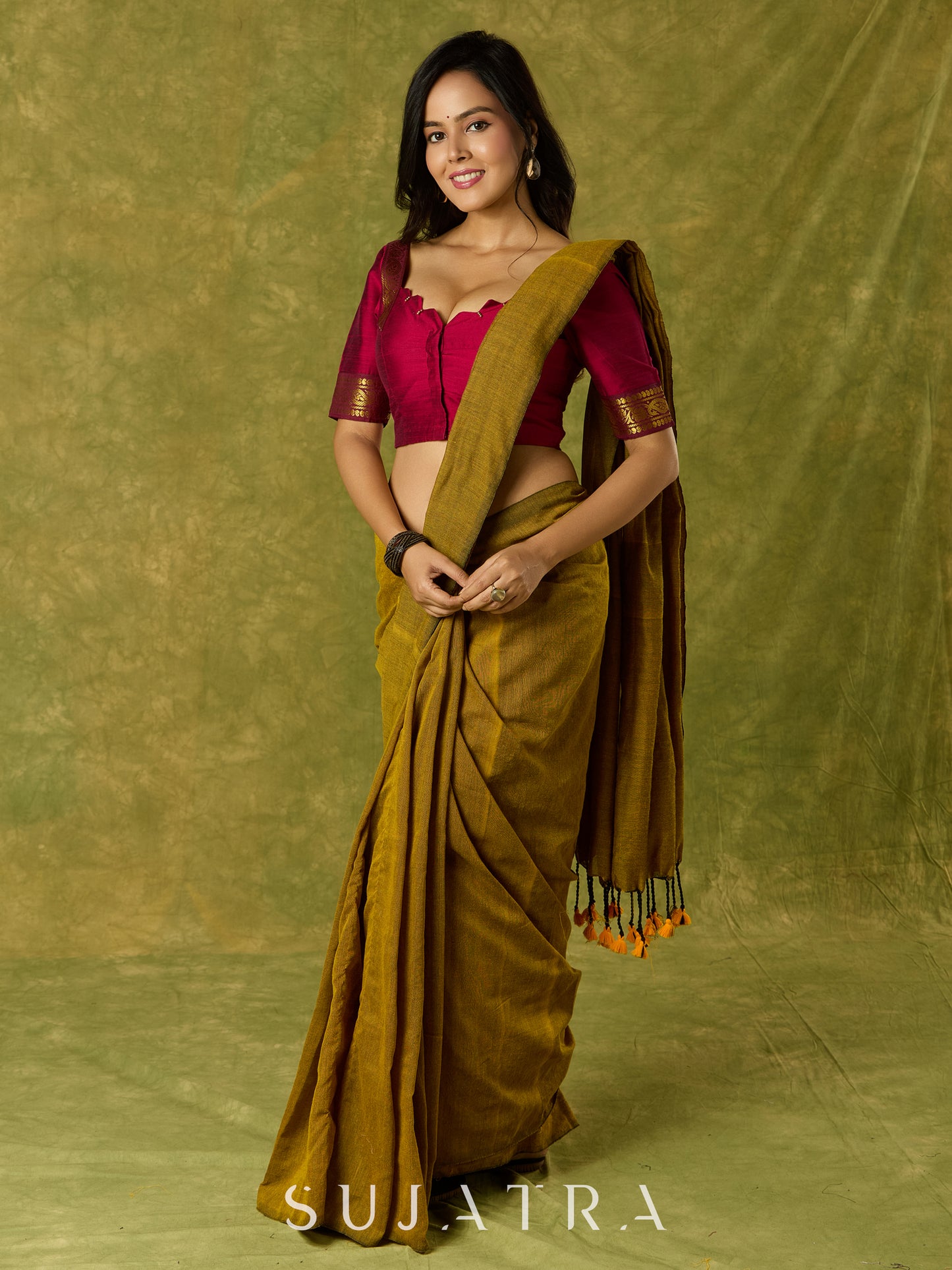 Dark magenta festive blouse with delicate lace highlights.