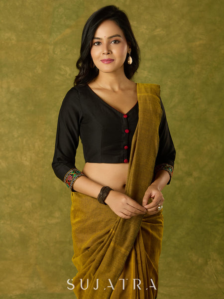 Black cotton silk blouse with intricate Kutch mirror work.