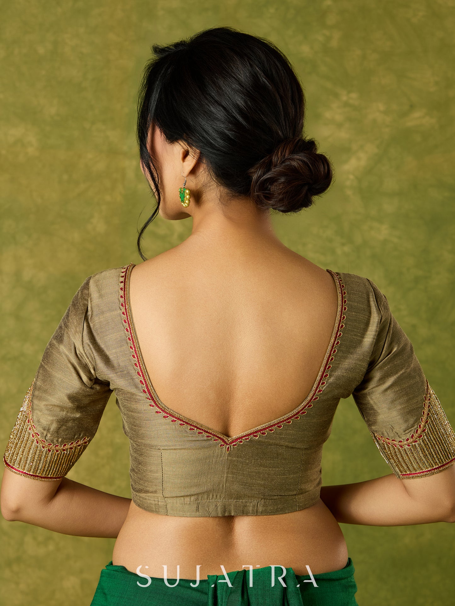 Hand embroidered dark gold cotton silk blouse with elegant details
