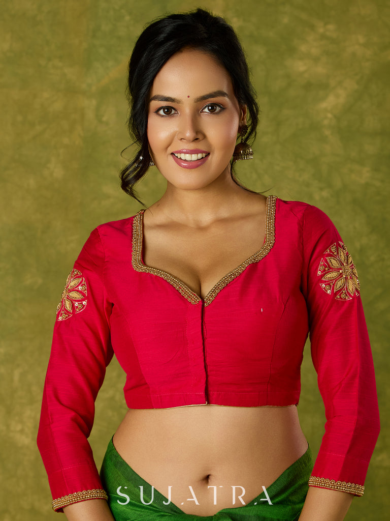 Elegant hand embroidered dark pink cotton silk blouse with intricate detailing.