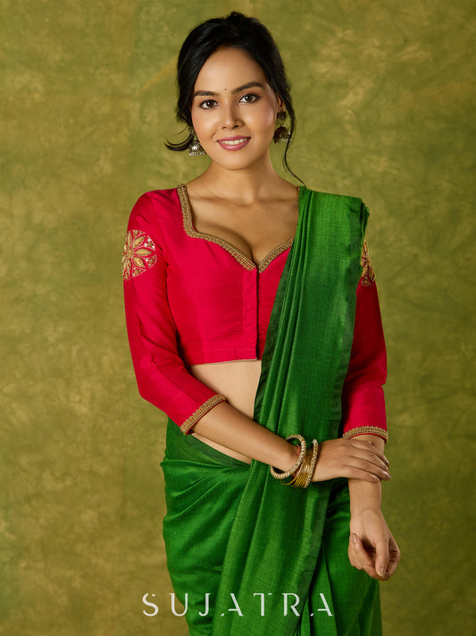 Elegant hand embroidered dark pink cotton silk blouse with intricate detailing.