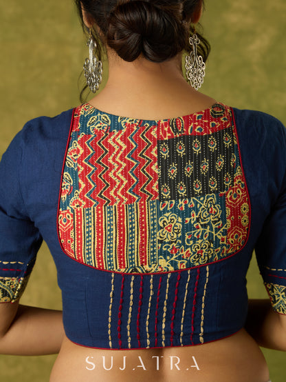 Beautifully hand embroidered navy blue blouse with ajrakh patchwork
