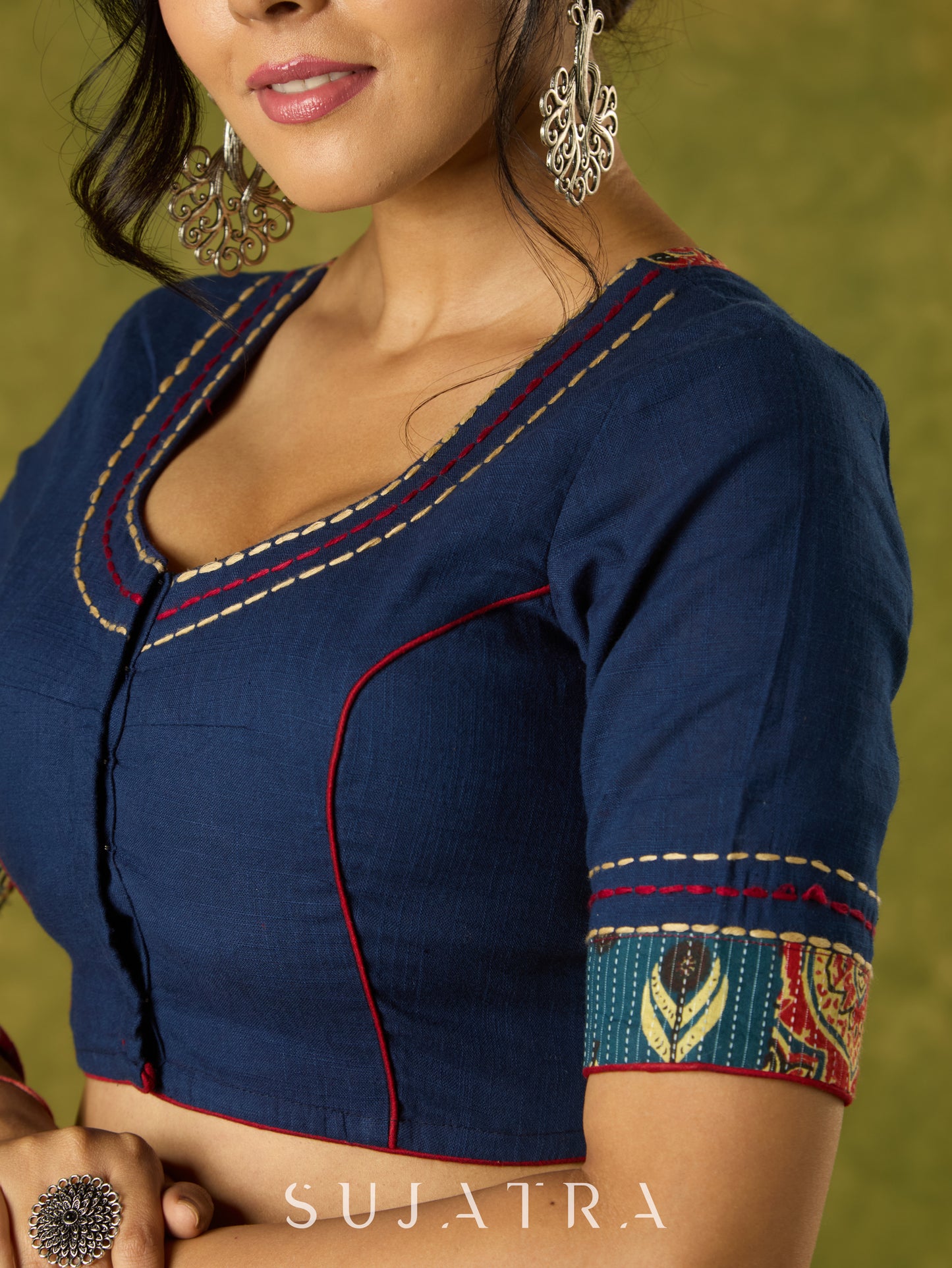 Beautifully hand embroidered navy blue blouse with ajrakh patchwork