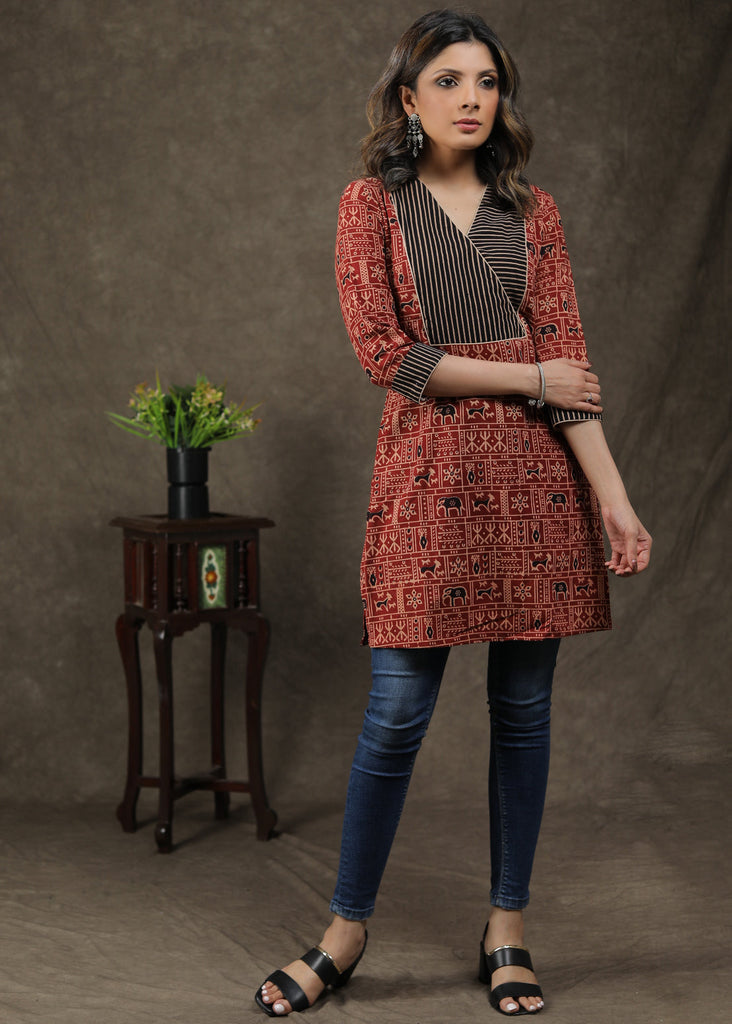 Stylish Cotton Animal Printed Ajrakh Combination Tunic