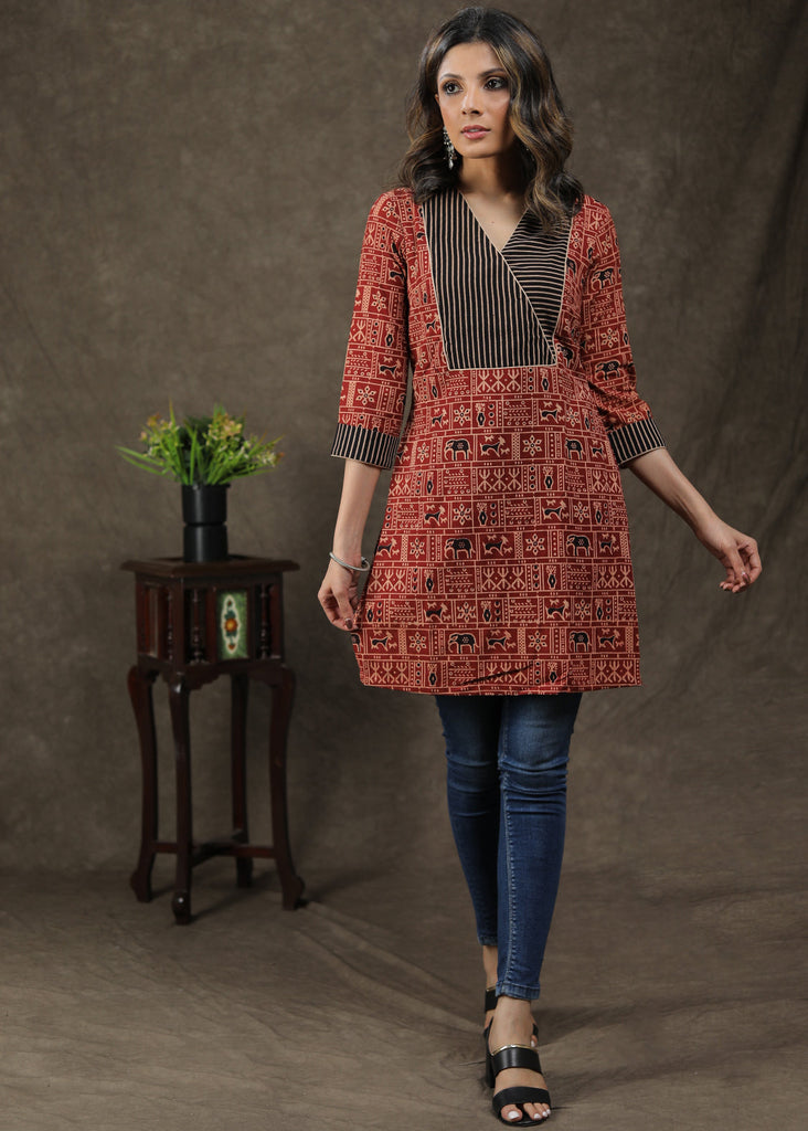 Stylish Cotton Animal Printed Ajrakh Combination Tunic