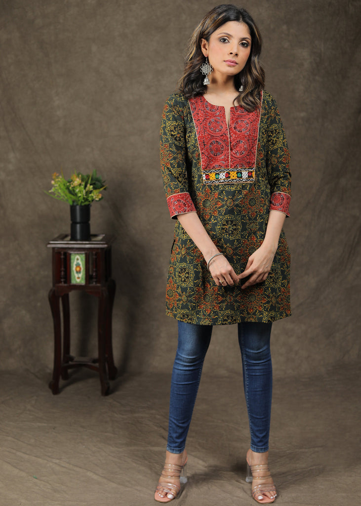 Trendy Cotton Ajrakh Combination Tunic With Handmade Kutch Mirror Work