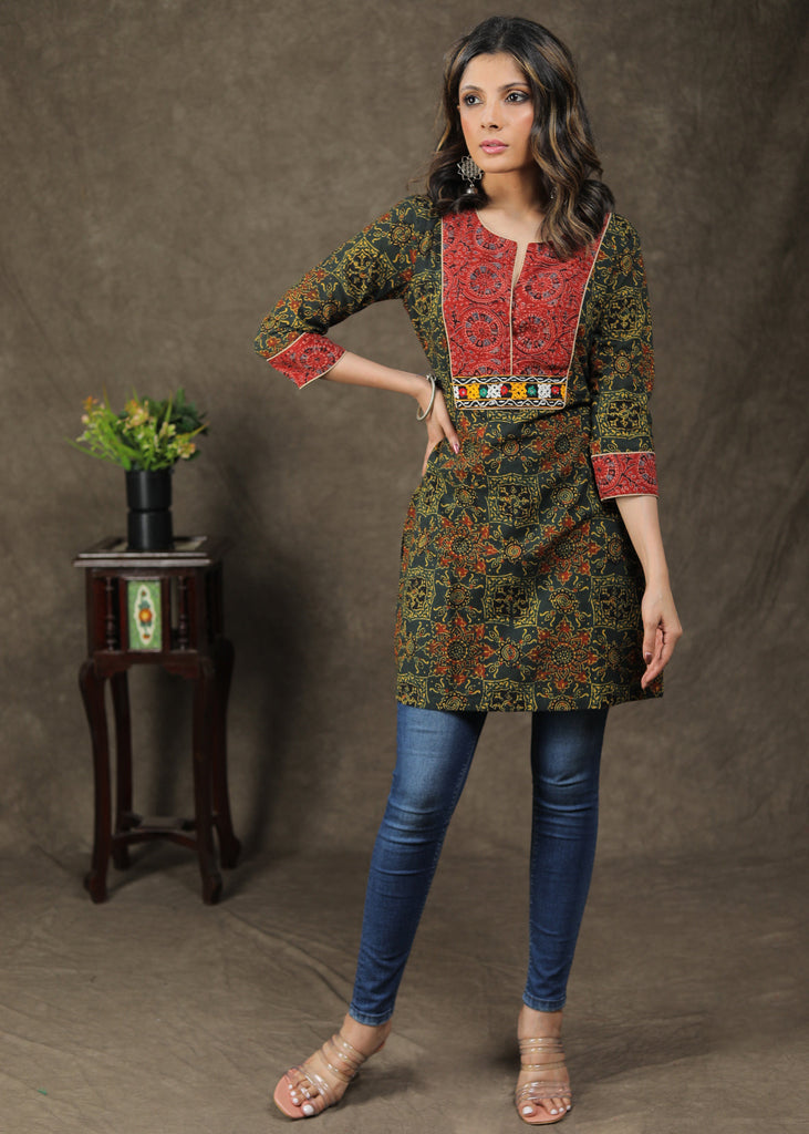 Trendy Cotton Ajrakh Combination Tunic With Handmade Kutch Mirror Work