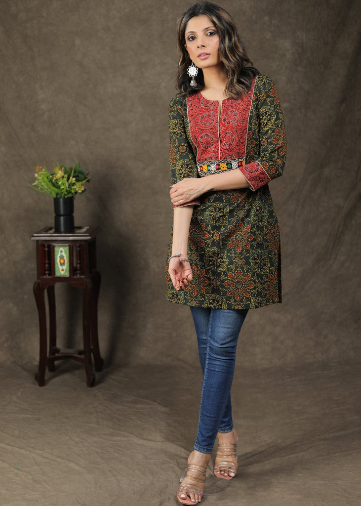 Trendy Cotton Ajrakh Combination Tunic With Handmade Kutch Mirror Work