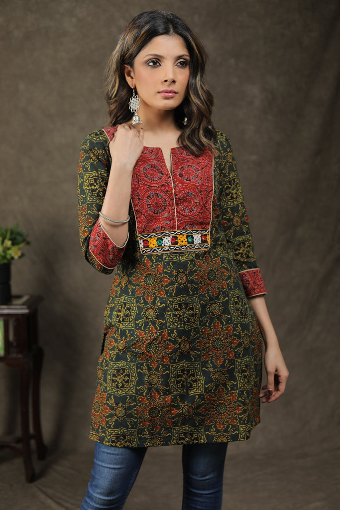 Trendy Cotton Ajrakh Combination Tunic With Handmade Kutch Mirror Work