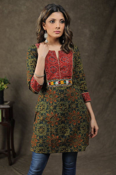 Trendy Cotton Ajrakh Combination Tunic With Handmade Kutch Mirror Work