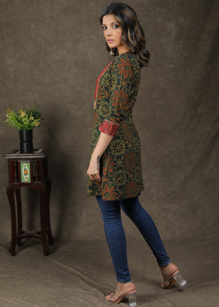 Trendy Cotton Ajrakh Combination Tunic With Handmade Kutch Mirror Work