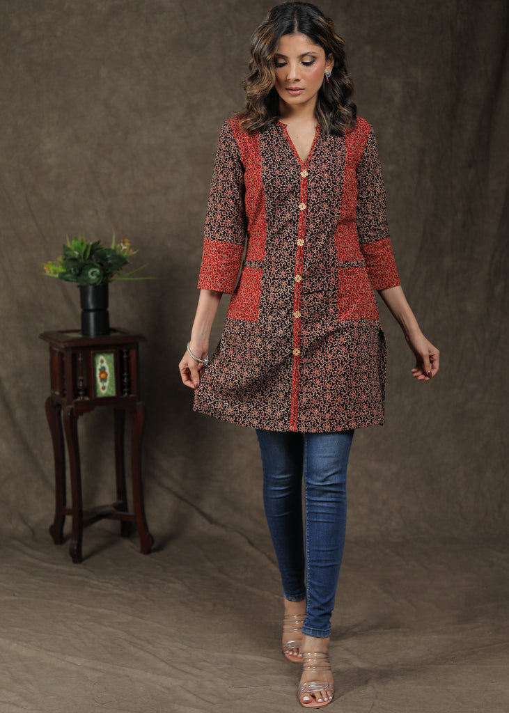 Stylish Ajrakh Combination Tunic With Pocket And Wooden Button