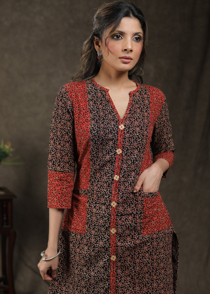 Stylish Ajrakh Combination Tunic With Pocket And Wooden Button