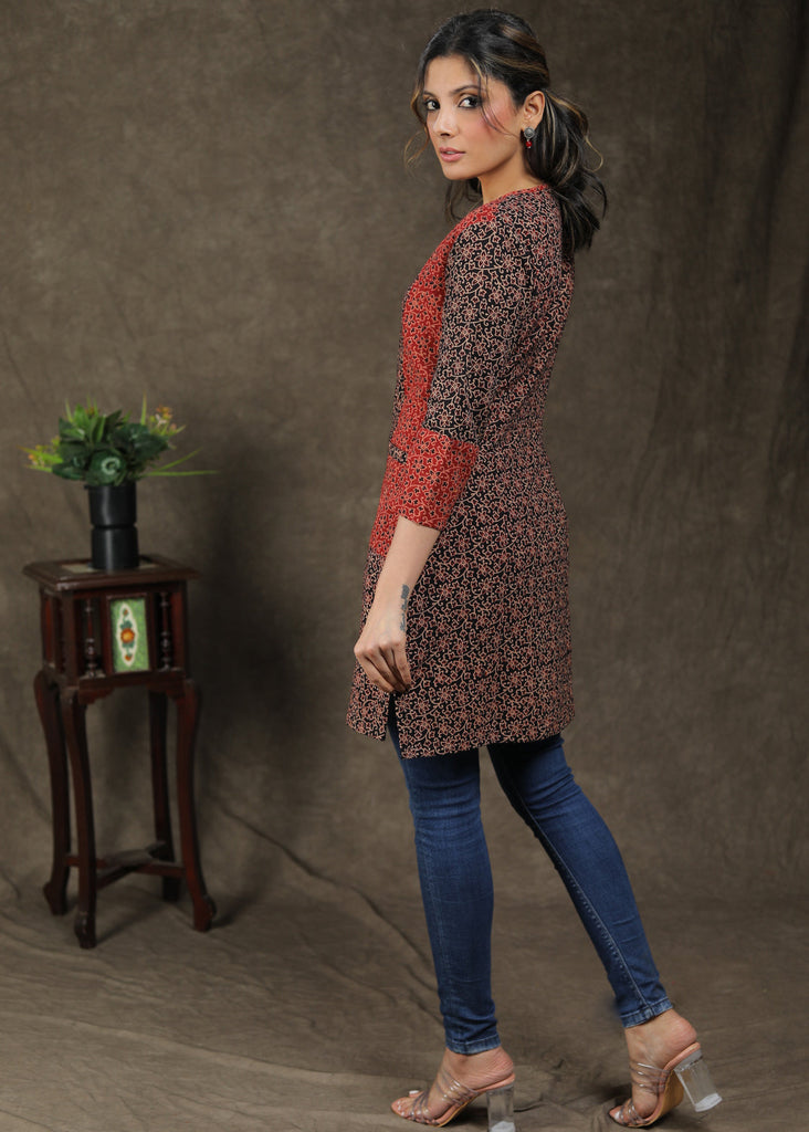 Stylish Ajrakh Combination Tunic With Pocket And Wooden Button