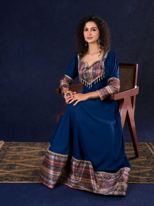 Graceful Navy Blue Rayon Flared Gown with Pleated Statement Sleeves, Embellished Yoke and Pearl Accents