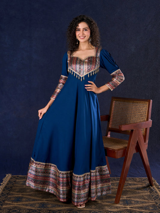 Graceful Navy Blue Rayon Flared Gown with Pleated Statement Sleeves, Embellished Yoke and Pearl Accents