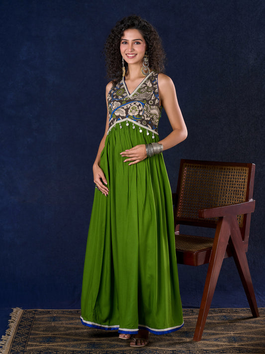 Radiant flowy Moss Green and Blue Flared Gown with Kalamkari Yoke & Intricate Silver Accents