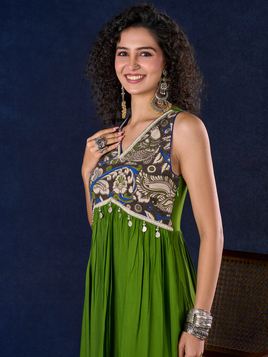 Radiant flowy Moss Green and Blue Flared Gown with Kalamkari Yoke & Intricate Silver Accents