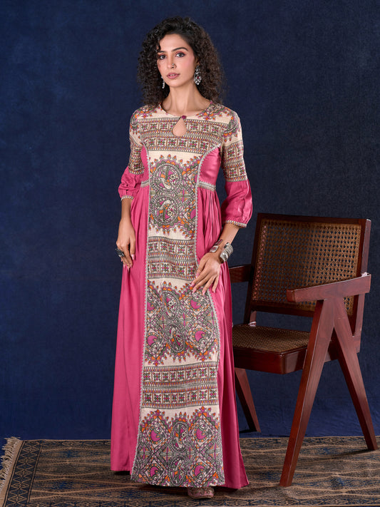 Exquisite Pastel Pink Long Gown featuring Side Gathers, Madhubani Panel & Subtle Embellishment