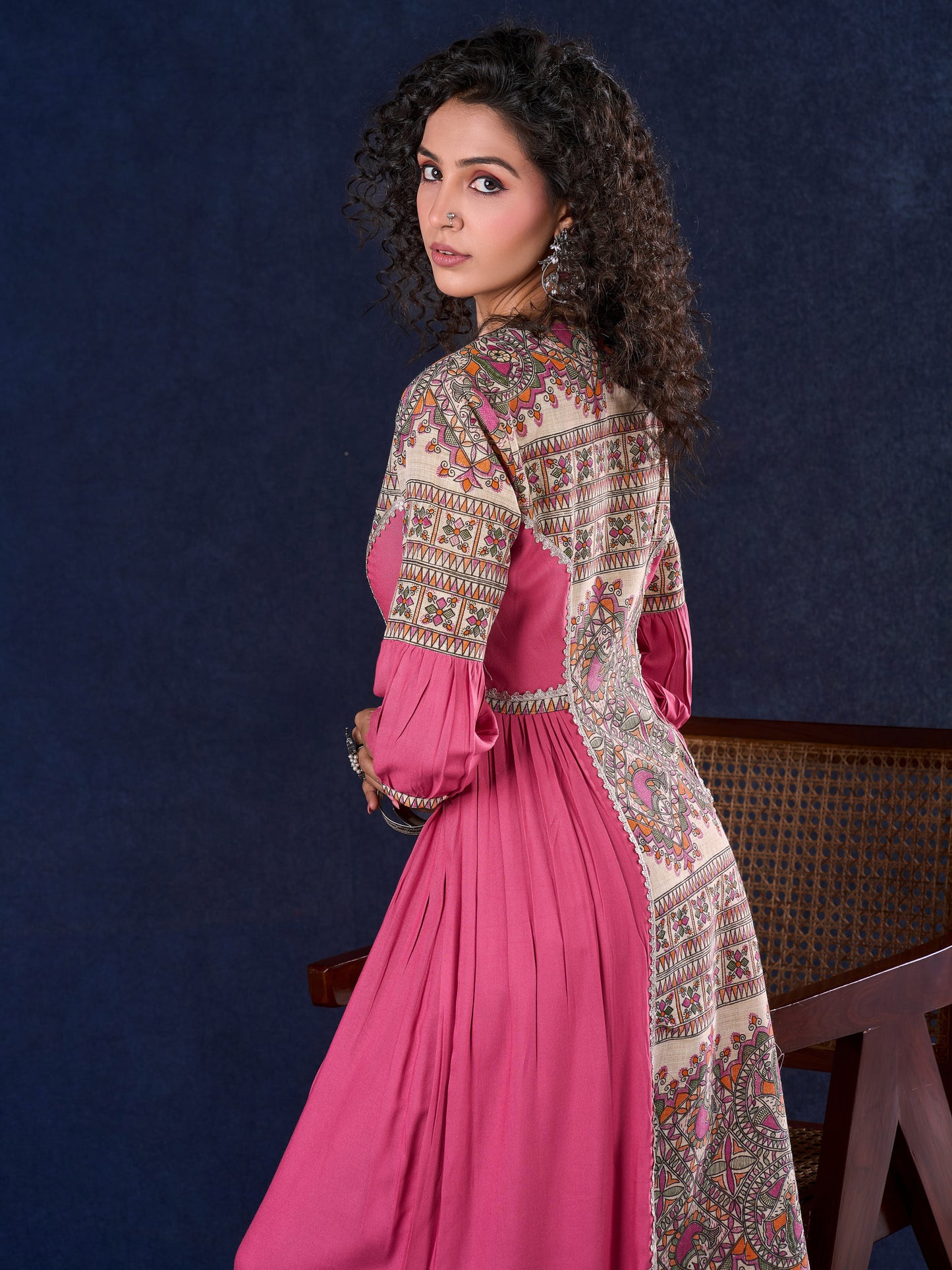 Exquisite Pastel Pink Long Gown featuring Side Gathers, Madhubani Panel & Subtle Embellishment