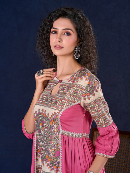 Exquisite Pastel Pink Long Gown featuring Side Gathers, Madhubani Panel & Subtle Embellishment
