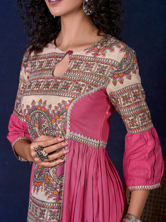 Exquisite Pastel Pink Long Gown featuring Side Gathers, Madhubani Panel & Subtle Embellishment