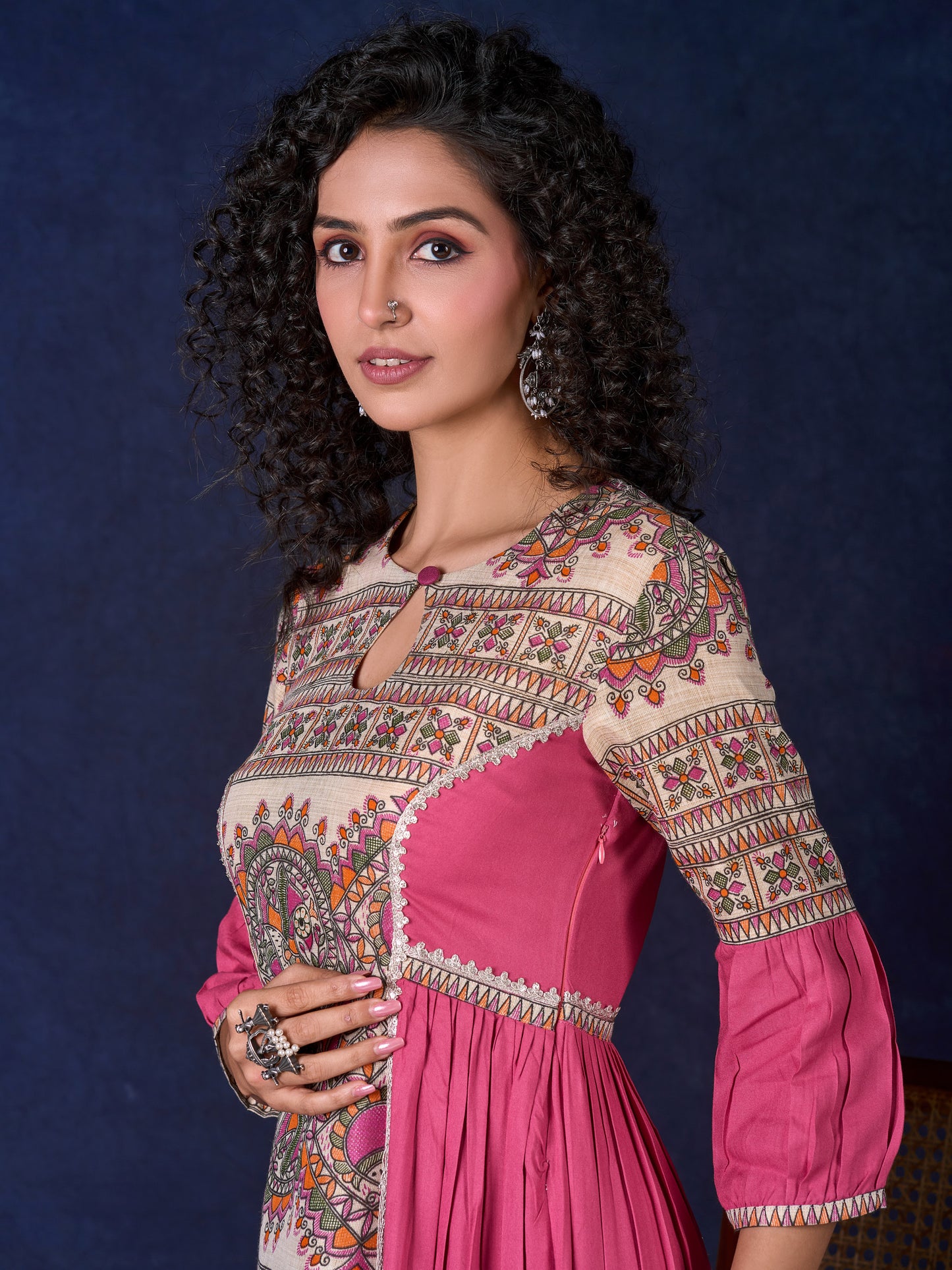 Exquisite Pastel Pink Long Gown featuring Side Gathers, Madhubani Panel & Subtle Embellishment