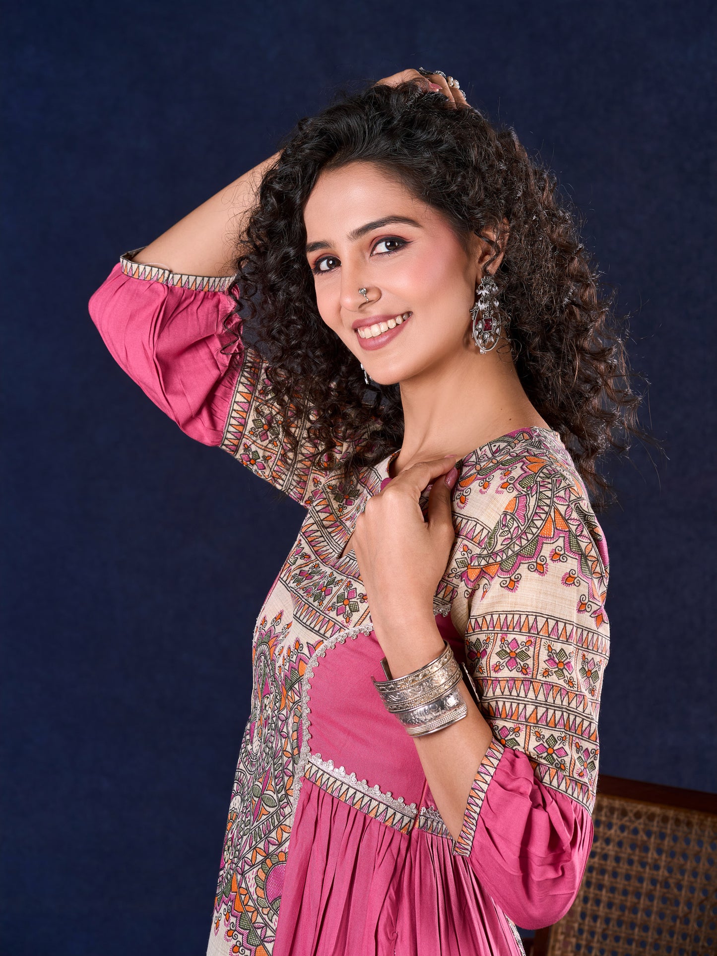 Exquisite Pastel Pink Long Gown featuring Side Gathers, Madhubani Panel & Subtle Embellishment