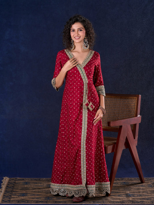 Heritage Maroon Bandhani A-Line Angarkha Gown with Minimal Lace Embellishment & Statement Tassels