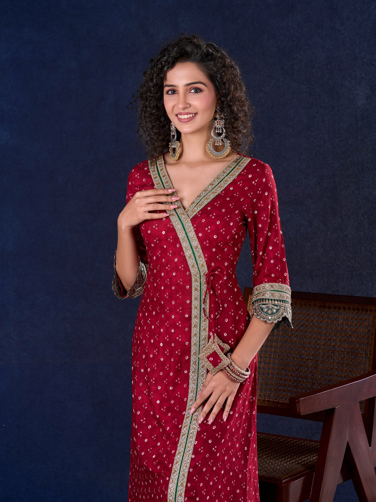 Heritage Maroon Bandhani A-Line Angarkha Gown with Minimal Lace Embellishment & Statement Tassels