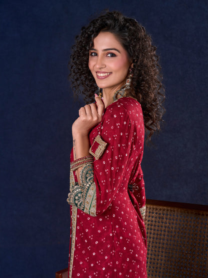Heritage Maroon Bandhani A-Line Angarkha Gown with Minimal Lace Embellishment & Statement Tassels