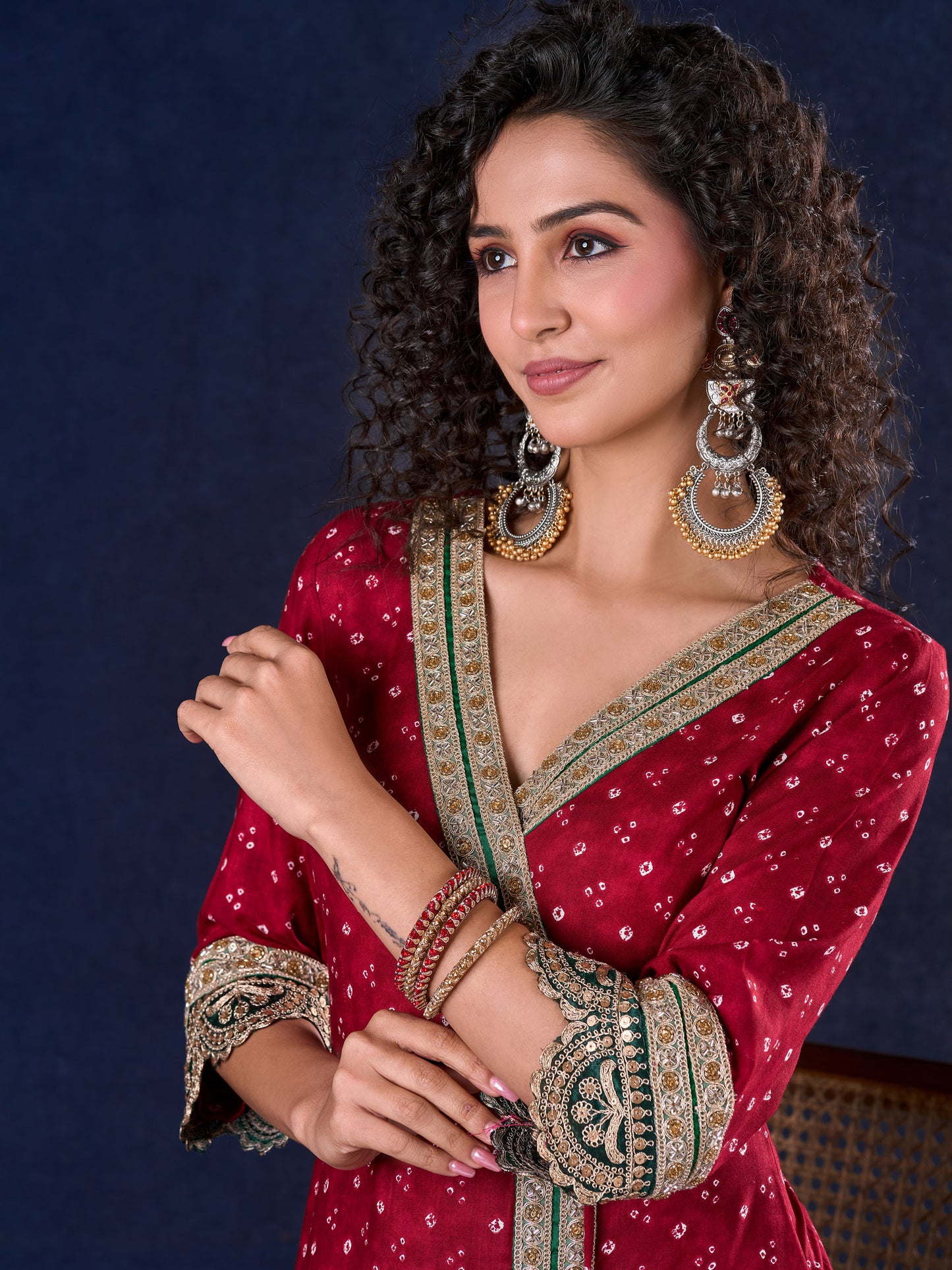 Heritage Maroon Bandhani A-Line Angarkha Gown with Minimal Lace Embellishment & Statement Tassels