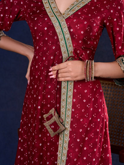 Heritage Maroon Bandhani A-Line Angarkha Gown with Minimal Lace Embellishment & Statement Tassels