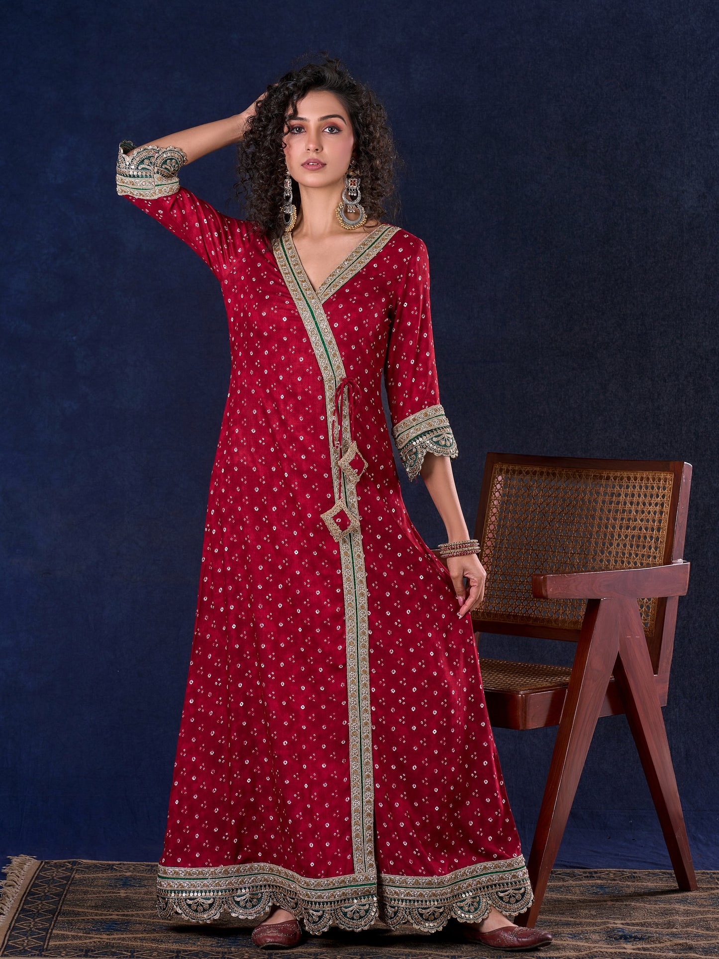 Heritage Maroon Bandhani A-Line Angarkha Gown with Minimal Lace Embellishment & Statement Tassels