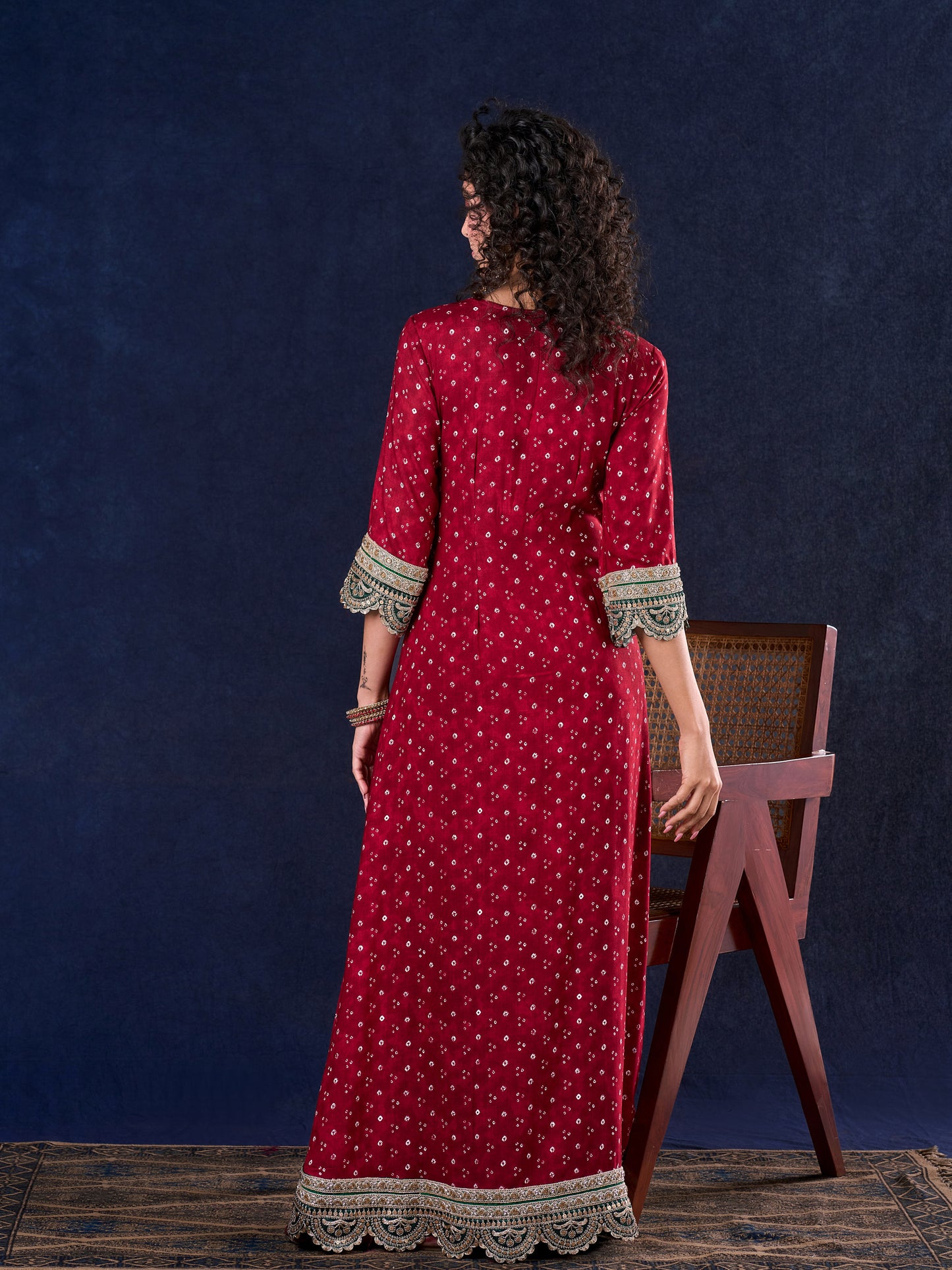 Heritage Maroon Bandhani A-Line Angarkha Gown with Minimal Lace Embellishment & Statement Tassels