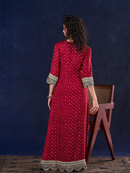 Heritage Maroon Bandhani A-Line Angarkha Gown with Minimal Lace Embellishment & Statement Tassels