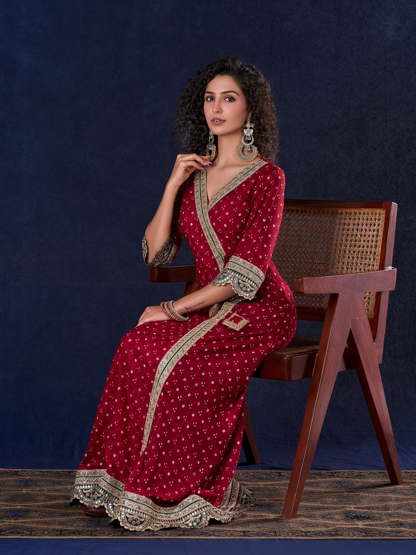 Heritage Maroon Bandhani A-Line Angarkha Gown with Minimal Lace Embellishment & Statement Tassels