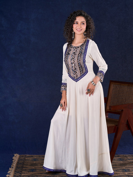 Majestic Off-White Rayon Long Flared Gown featuring Kalamkari Yoke, Mirror Work and Delicate Lace Accents & Hand Painted Kalamkari Border on Sleeves