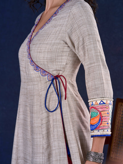 Artisanal Beige Handloom Cotton Angarkha Long Gown with Madhubani Border Embellished Neckline, Sleeve & Flare, with Vibrant Statement Tassels