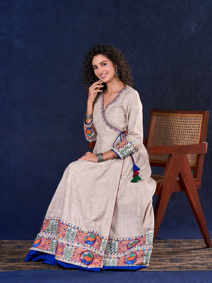 Artisanal Beige Handloom Cotton Angarkha Long Gown with Madhubani Border Embellished Neckline, Sleeve & Flare, with Vibrant Statement Tassels