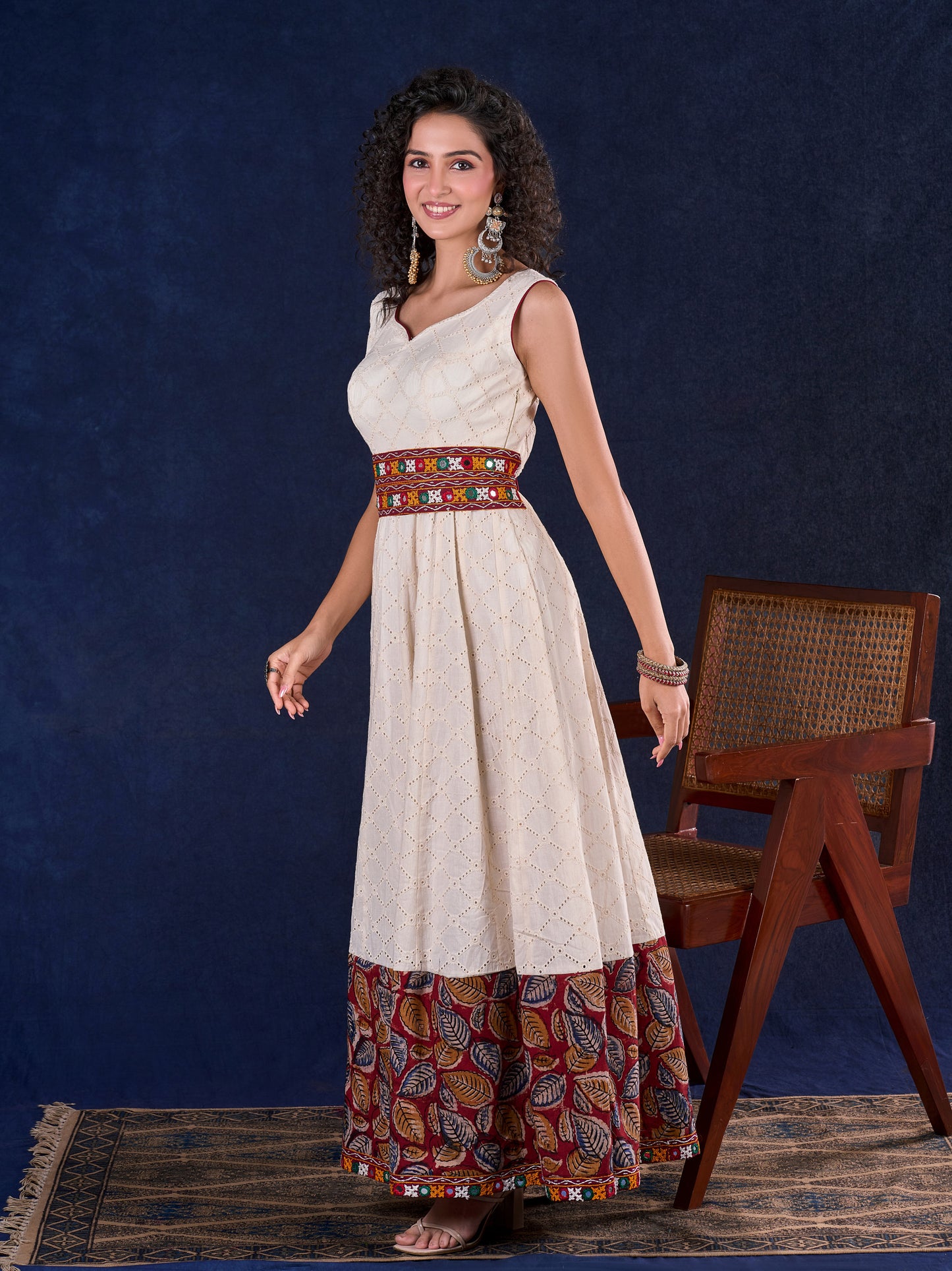 Heritage Ivory Hakoba Panel Long Gown with Kalamkari Border, Mirror Work Detachable Belt and Deep Back Neckline