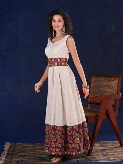 Heritage Ivory Hakoba Panel Long Gown with Kalamkari Border, Mirror Work Detachable Belt and Deep Back Neckline