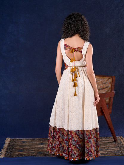 Heritage Ivory Hakoba Panel Long Gown with Kalamkari Border, Mirror Work Detachable Belt and Deep Back Neckline