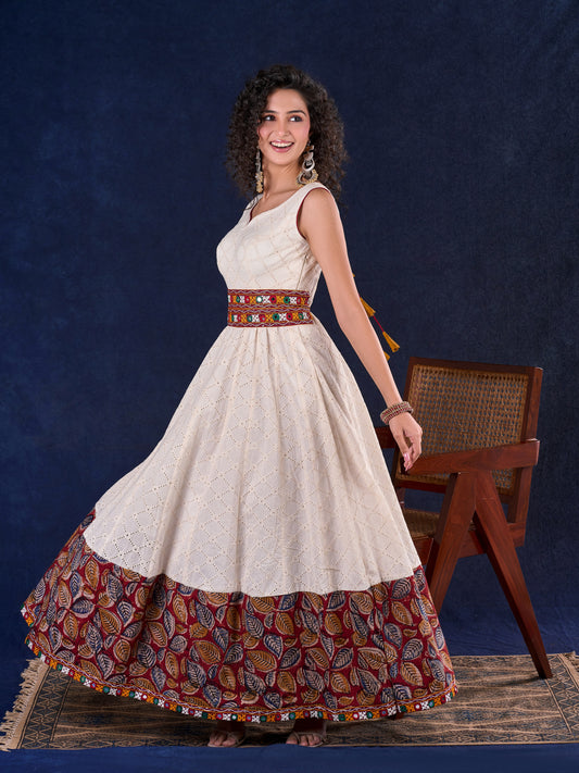 Heritage Ivory Hakoba Panel Long Gown with Kalamkari Border, Mirror Work Detachable Belt and Deep Back Neckline