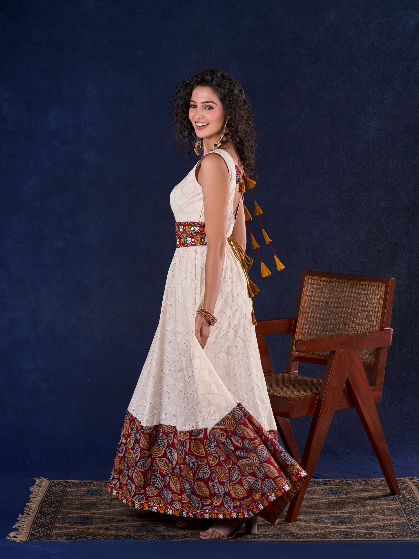 Heritage Ivory Hakoba Panel Long Gown with Kalamkari Border, Mirror Work Detachable Belt and Deep Back Neckline