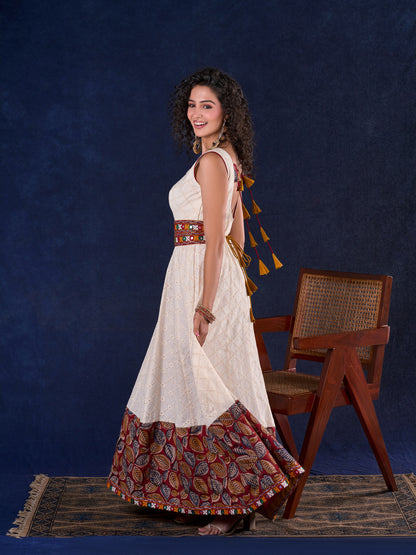 Heritage Ivory Hakoba Panel Long Gown with Kalamkari Border, Mirror Work Detachable Belt and Deep Back Neckline