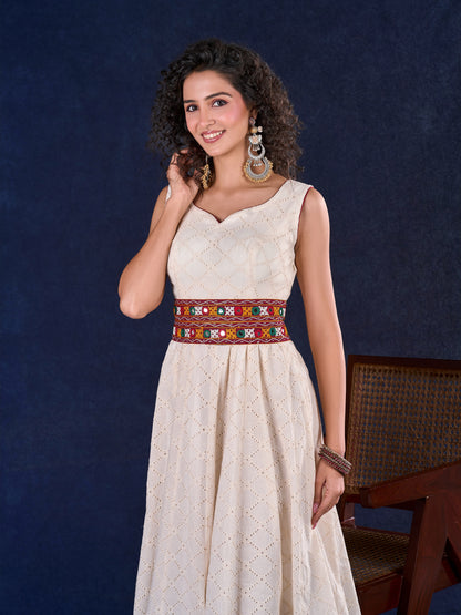 Heritage Ivory Hakoba Panel Long Gown with Kalamkari Border, Mirror Work Detachable Belt and Deep Back Neckline